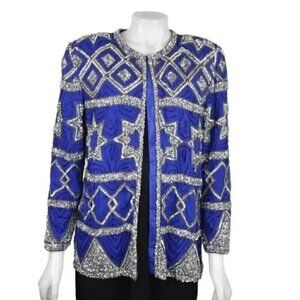 Vintage  80's Scarlet Rage Royal Blue Silver Stars Beaded Sequins Jacket Formal